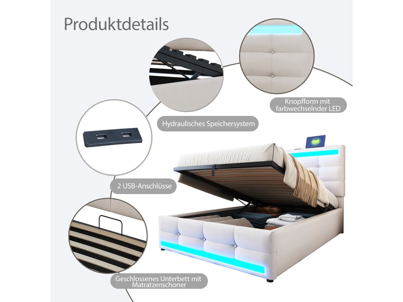  Lit enfant capitonné 90x200 cm en lin beige, rangement hydraulique, led et usb, avec sommier  - Conforama E