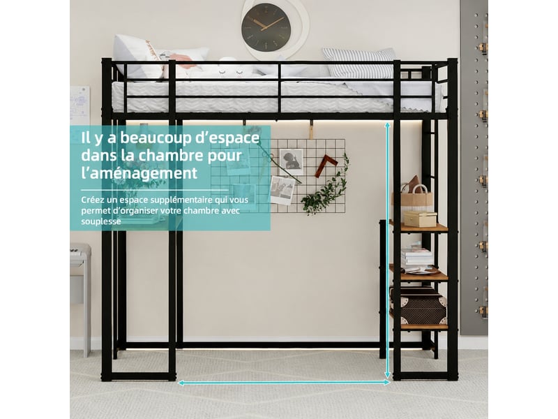 Lit mezzanine avec bureau 90 x 190 cm en métal noir, rangement et échelles des deux côtés - Conforama W