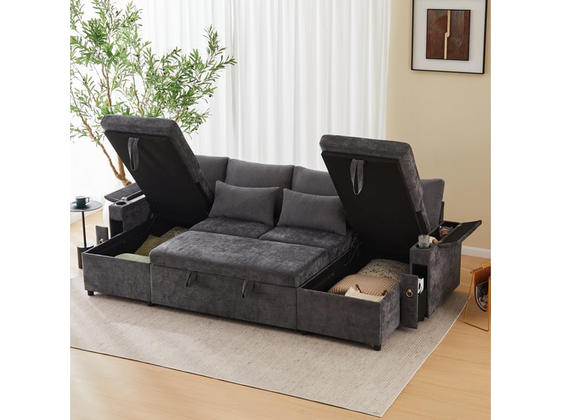  Canapé d'angle convertible 4 places 272 x 131 x 84 cm, forme u, couchage, coffre, porte-gobelets, coussins, chenille, gris Bliss Lite - Conforama D