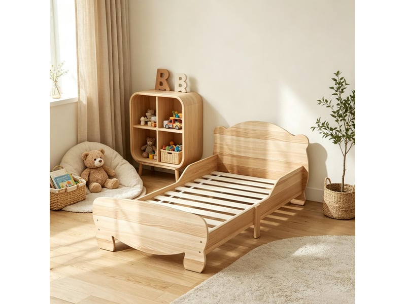  Lit enfant 70x140 cm en mdf naturel avec barrières de sécurité motif ours  - Conforama B