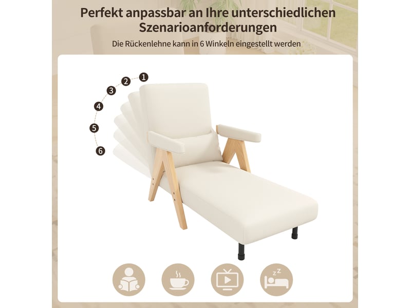  Fauteuil scandinave convertible 64x60x87 cm 3-en-1, dossier réglable 6 positions, relax ou lit d'appoint, lin beige  - Conforama E