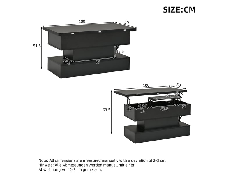 Table basse coloris noir 100 × 50 × 51,5 cm, en panneaux de particules, avec plateau relevable et éclairage led rgb - Conforama B