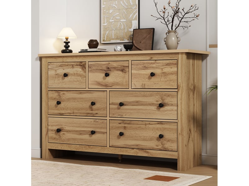  Commode rétro 7 tiroirs avec rangement pour chambre et salon, 152x40x89 cm, bois foncé  - Conforama R