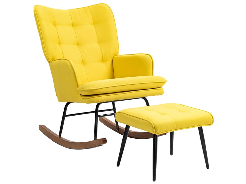  Fauteuil à bascule avec repose-pieds, design scandinave, bois de hêtre, matelassé, 64 cm x 89 cm x 90 cm, jaune  - Conforama B
