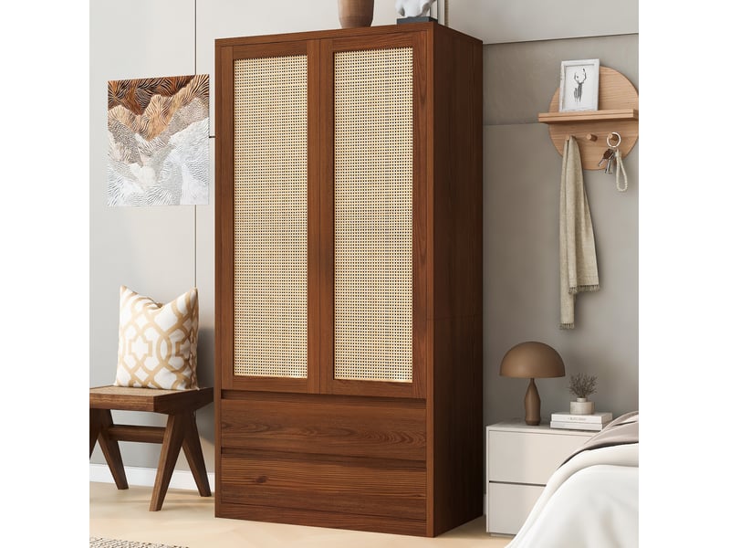  Armoire à 2 portes avec penderie et 2 tiroirs, 90x50x170 cm, décor rotin  - Conforama C