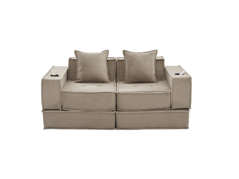  Canapé droit modulable 2 places en velours côtelé kaki avec 2 coussins et poches latérales pratiques  - Conforama A