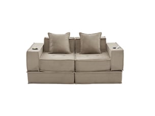 Canapé droit modulable 2 places en velours côtelé kaki avec 2 coussins et poches latérales pratiques