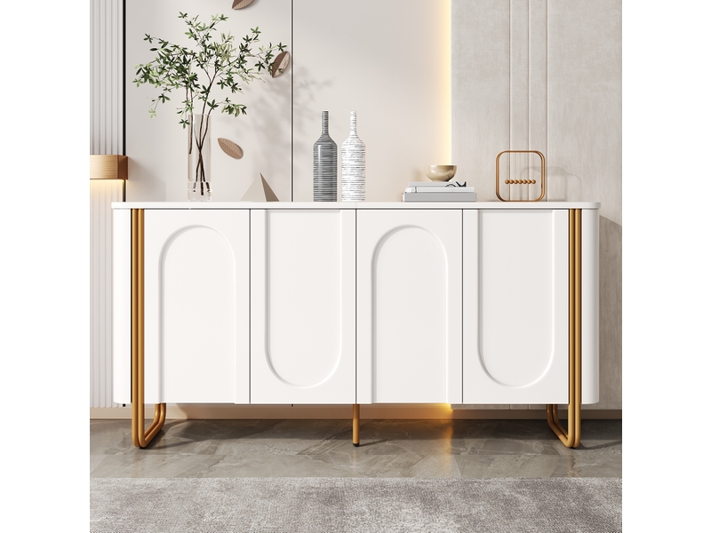  Buffet bas 160 cm en mdf blanc, 4 portes battantes push-to-open, reliefs en arc et pieds en fer doré, style design  - Conforama E