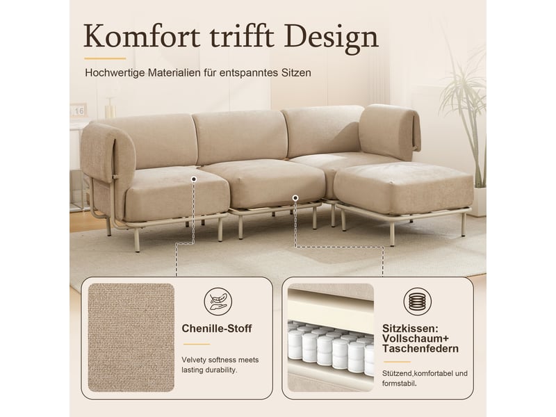  Canapé d’angle modulable 3 places 251x155x78 cm avec pouf mobile, assise en mousse haute densité, tissu chenille kaki, style scandinave  - Conforama E