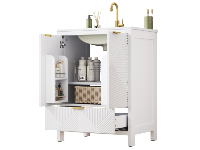 Meuble vasque de salle de bain 61x47x87 cm – blanc – rangement multi-zones avec lavabo céramique et soft-close - Conforama A