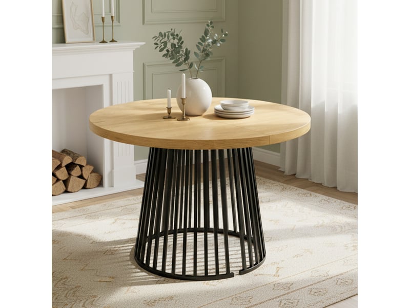 Table à manger extensible 4 à 8 personnes avec plateau 3 cm, structure métal, pour salle à manger en mdf chêne et noir  - Conforama B