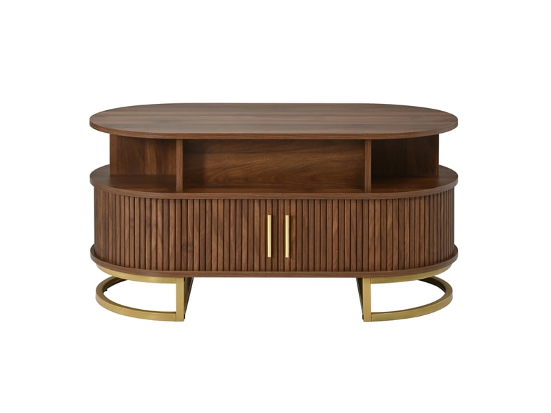  Table basse ovale avec plateau relevable, rangement, portes coulissantes, mdf, noyer  - Conforama D