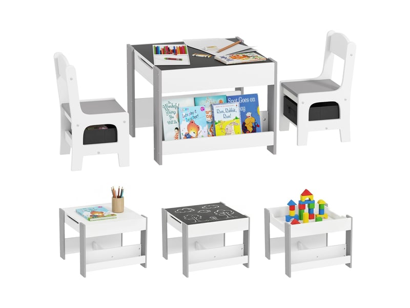  Ensemble table et 2 chaises pour enfants, table 3 en 1 avec tableau noir et rangement, gris  - Conforama A