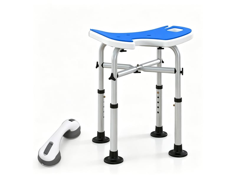Tabouret de douche réglable en hauteur bleu avec siège en u, ventouses et barre d'appui pour salle de bain - Conforama A