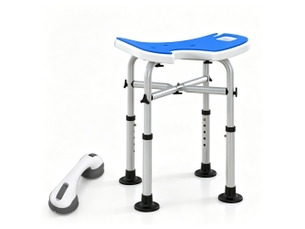 Tabouret de douche réglable en hauteur bleu avec siège en u, ventouses et barre d'appui pour salle de bain