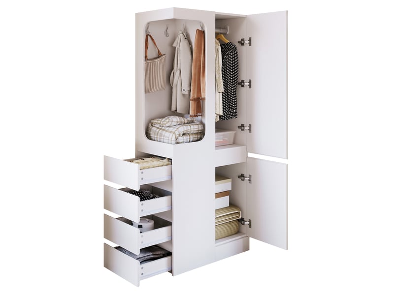  Armoire enfant 70x40x170 cm, 4 tiroirs, 1 compartiment ouvert, penderie, 2 portes, pin, mdf, meubles de chambre, blanc  - Conforama A