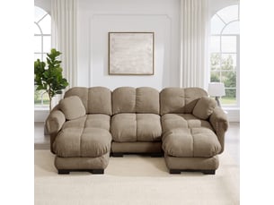 Canapé d'angle en u effet nuage 3 places, méridienne mobile, 2 coussins déco, assise matelassée, marron, sans montage
