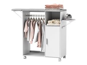 Armoire à repasser sur roulettes, table à repasser pliante, étagère réglable, barre de suspension, 127x42,5x99cm, blanc