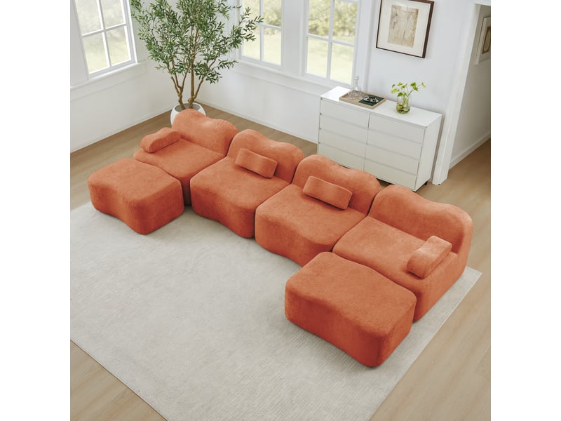  Canapé modulable 4 places en u, canapé en velours orange avec deux poufs, mousse haute densité 32d pour salon  - Conforama C
