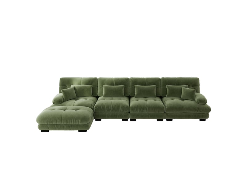 Canapé d'angle modulable 4 places en chenille vert, ensemble salon avec ottoman mobile, structure confort nuage - Conforama A
