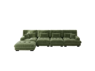 Canapé d'angle modulable 4 places en chenille vert, ensemble salon avec ottoman mobile, structure confort nuage