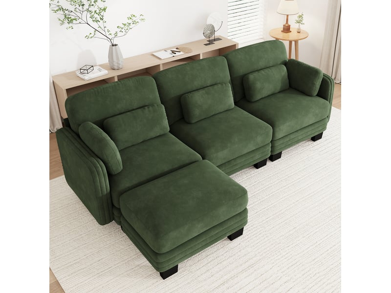  Canapé d'angle modulable 3 places 253x143 cm en chenille verte avec ottomane  - Conforama D