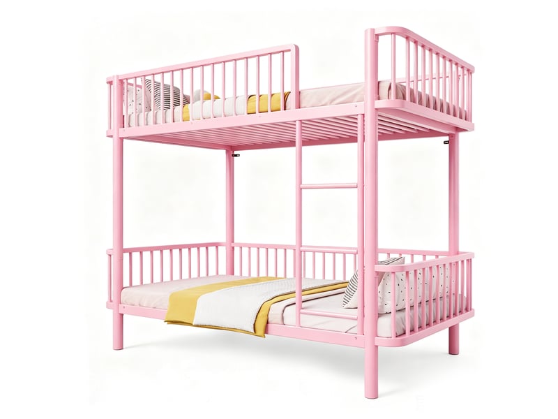  Lit superposé enfant 90x200 cm rose métal, barrières de sécurité et échelle pour chambre partagée  - Conforama A