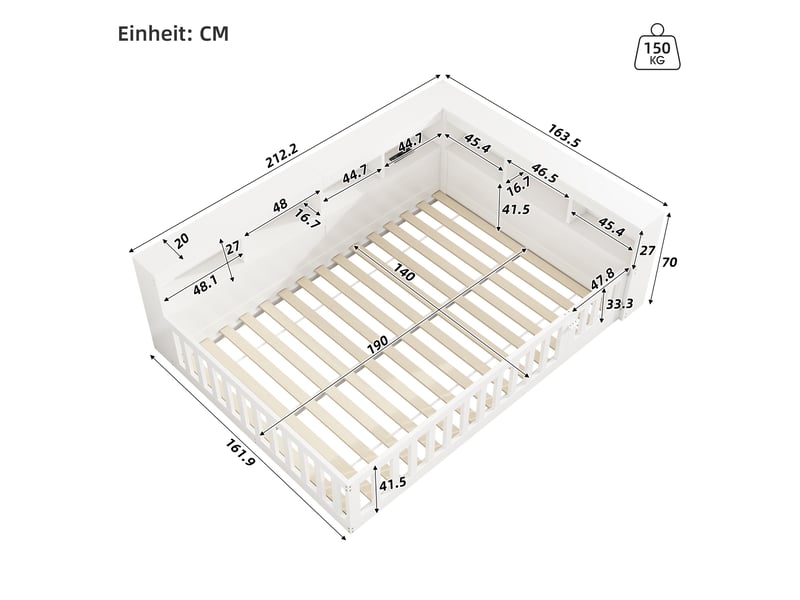  Lits enfant 140x190 cm, canapé-lit,  rangement, prise et usb, sommier, aggloméré, blanc, sans matelas  - Conforama C