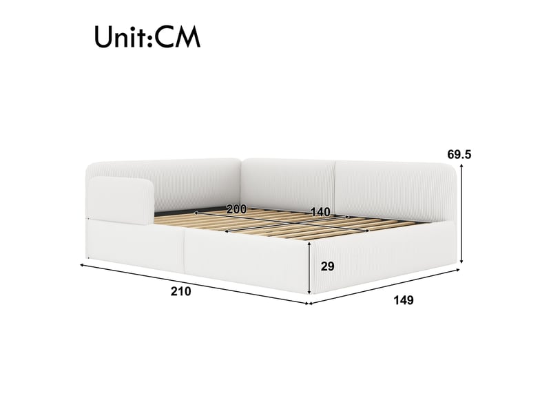 Lit de repos double capitonné 140x200cm,avec grand rangement sous le lit,barrière latérale,velours côtelé,sans matelas,blanc - Conforama C