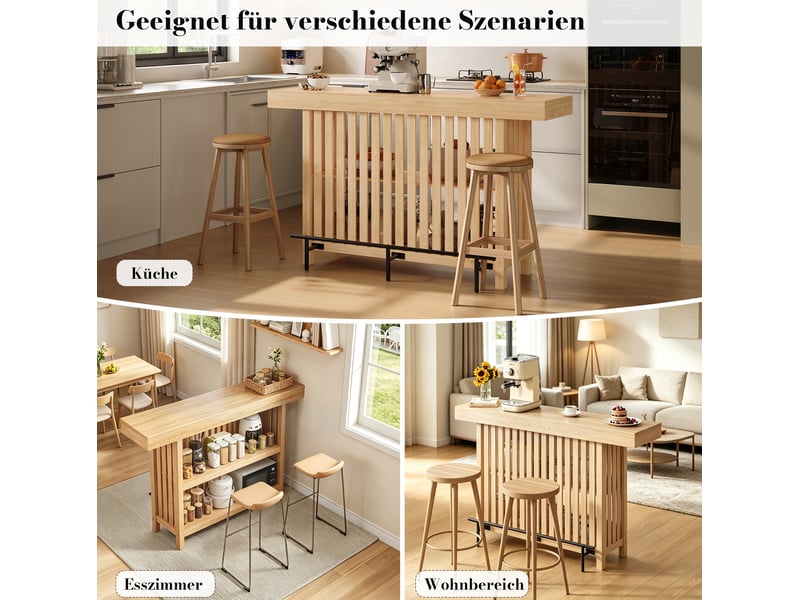  Table de bar avec repose-pieds 160 x 40 x 105 cm – naturel – 2 étagères ouvertes pour cuisine et salle à manger  - Conforama E