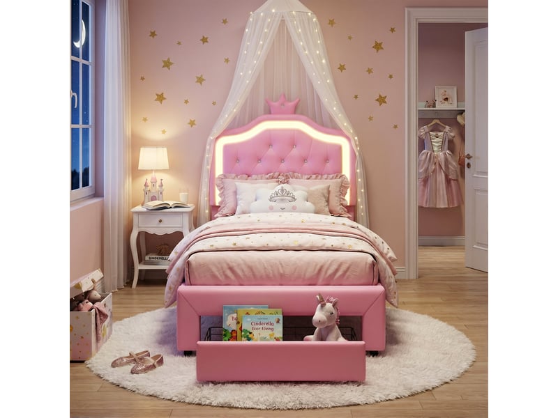  Dreammespace lit enfant 90x200 cm - lit capitonnée couronne led avec 1 tiroir &amp; hauteur réglable, cuir pu rose 240129YTT0103#ADcFJ8N7DEHWLY - Conforama D
