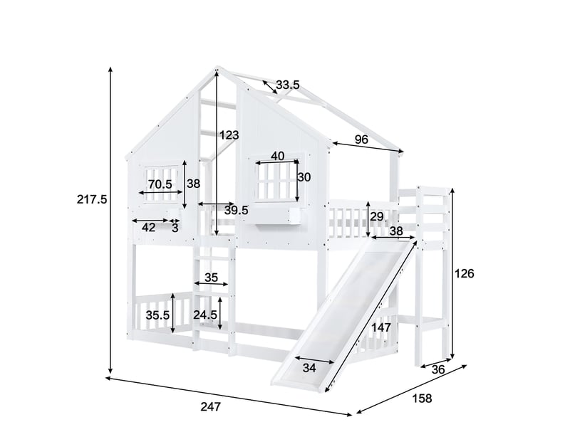 Lit superposé enfant 90x200 cm, lit cabane avec toboggan et fenêtre, en bois massif de pin et mdf, blanc - Conforama E