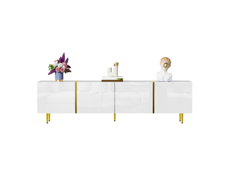  Meuble tv 170 cm blanc brillant - meuble bas 4 portes moderne, rangement élégant  - Conforama A
