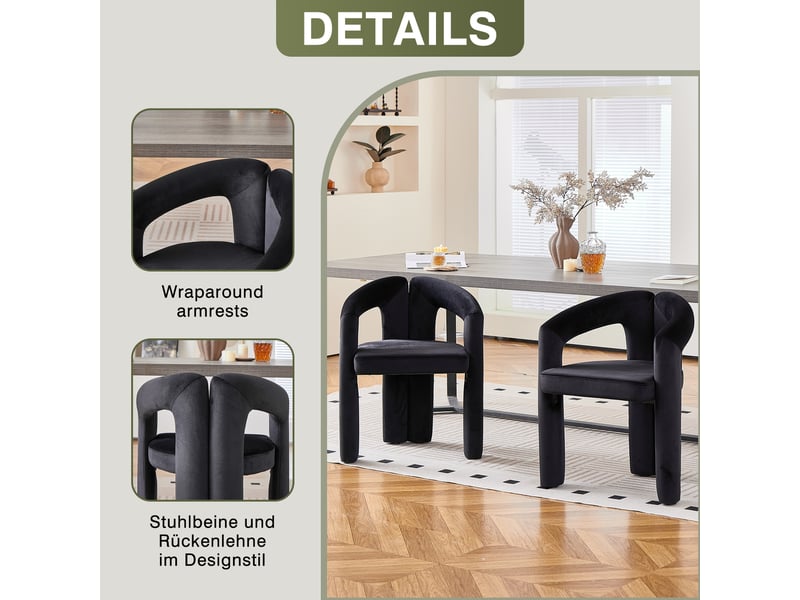  Chaise de salle à manger avec accoudoirs ergonomiques et dossier enveloppant, charge 150 kg, en velours noir  - Conforama E