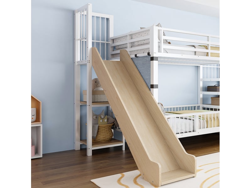  Lit superposé enfant 90x200 cm avec toboggan et rangements blanc  - Conforama E