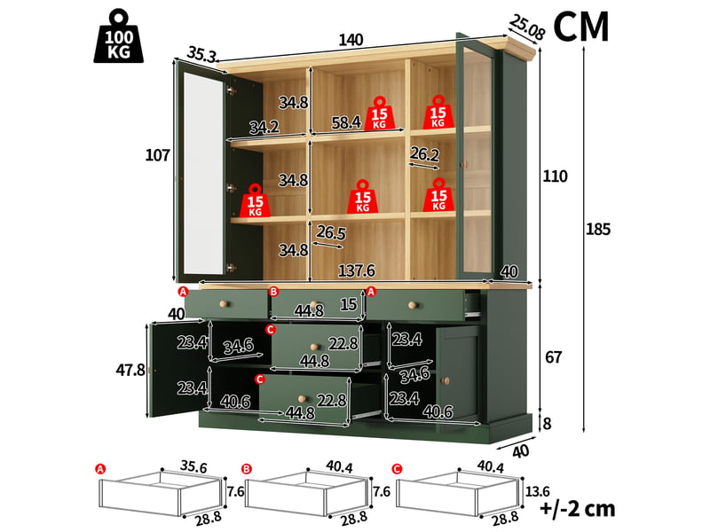 Buffet haut 140x40x185cm avec 5 grands tiroirs, portes vitrées et dispositif anti-basculement, meuble de rangement pour cuisine et salle à manger, vert evarich - Conforama C