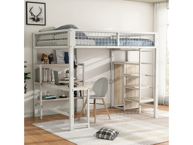 Lit mezzanine 140 × 200 cm 2 places avec bureau, étagères et armoire, sans matelas, en métal et mdf, blanc  - Conforama E