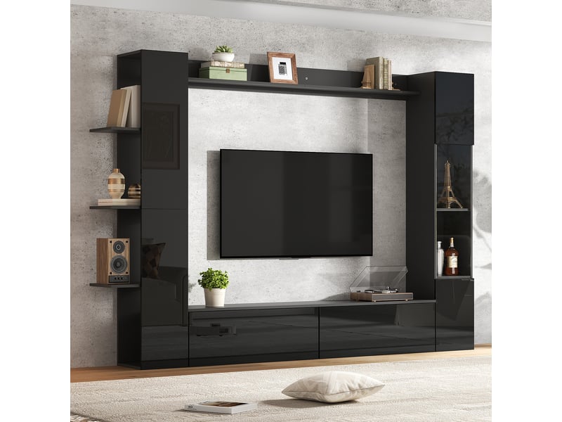  Ensemble meuble salon complet meuble tv mural noir 245 cm avec vitrine et rangements  - Conforama B
