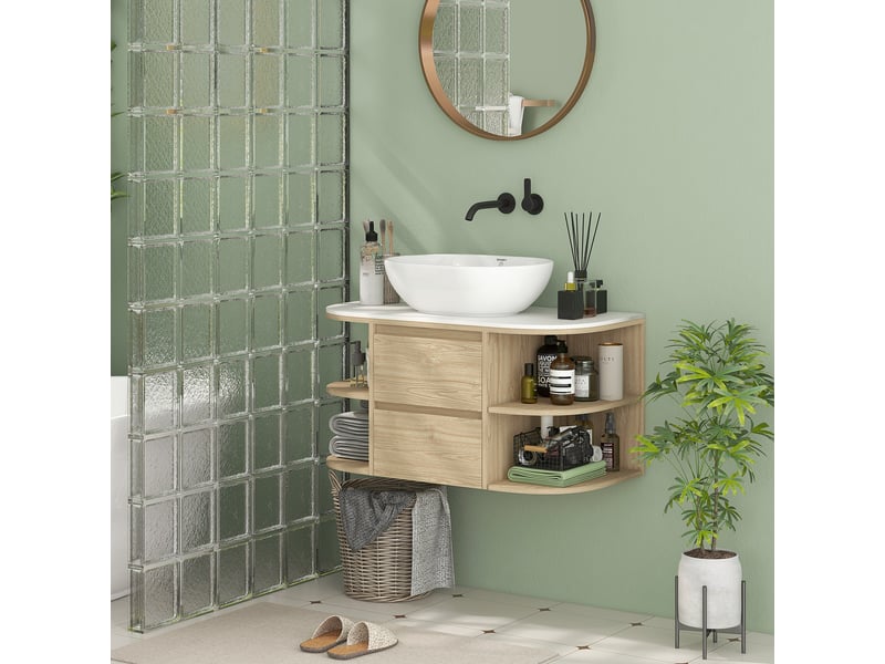  Meuble sous vasque suspendu marron, 90 cm, 2 tiroirs et 4 étagères  - Conforama D