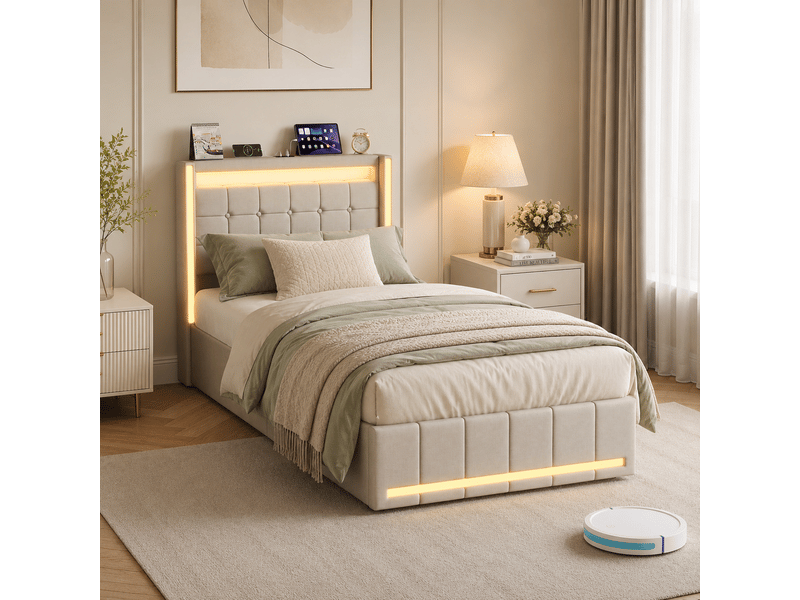  Lit coffre 90x200cm avec led, lit simple, lit rembourré hydraulique avec ports de recharge usb et type-c, lit capitonné avec sommier à lattes, beige  - Conforama E