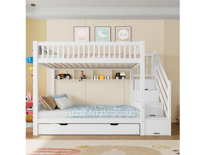  Lit superposé enfant 90x200 cm avec lit gigogne, rangement et armoire blanc  - Conforama D