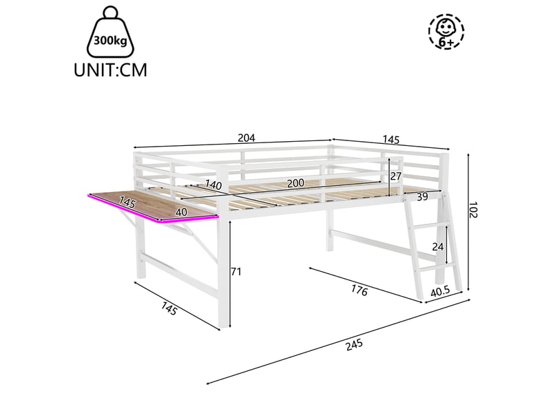 Lit mezzanine 2 places 140x200 cm en métal blanc, lit enfant adulte avec bureau pliant et led - Conforama C