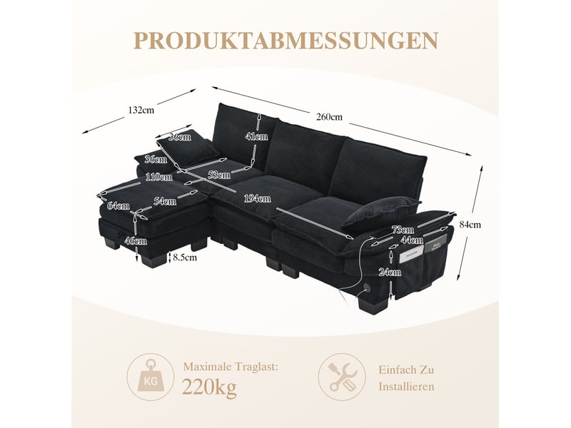  Canapé modulable 3 places en velours côtelé noir avec pouf de rangement  - Conforama E