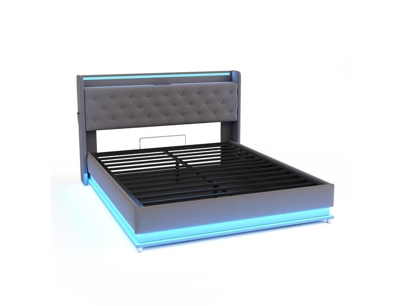  Lit capitonné led 160*200 cm gris, port usb et coffre hydraulique, tissu lin pour chambre  - Conforama A