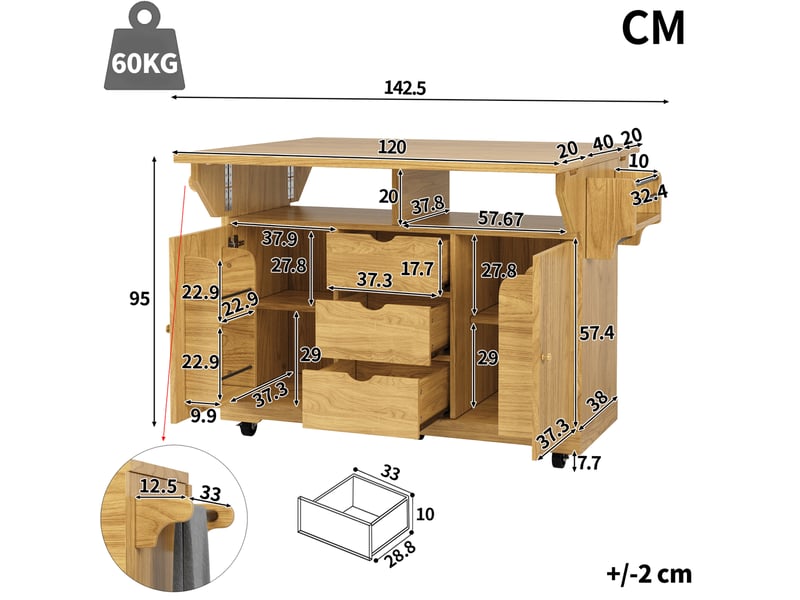  Desserte de cuisine extensible à roulettes 142,5 x 80 x 95 cm marron naturel  - Conforama C