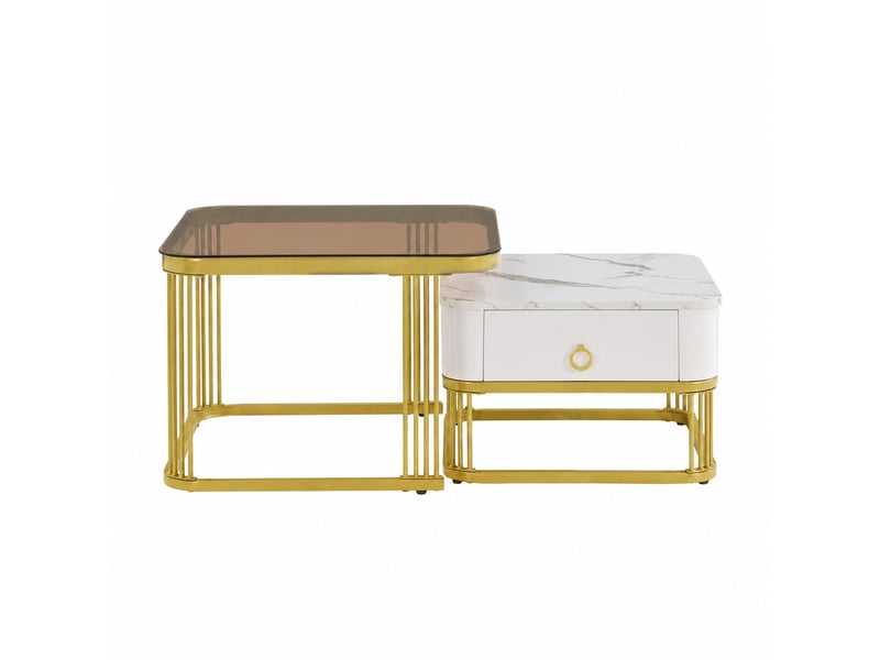  Ensemble de 2 tables basses gigognes effet marbre brillant avec plateaux en verre brun, blanc et doré  - Conforama A