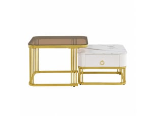 Ensemble de 2 tables basses gigognes effet marbre brillant avec plateaux en verre brun, blanc et doré