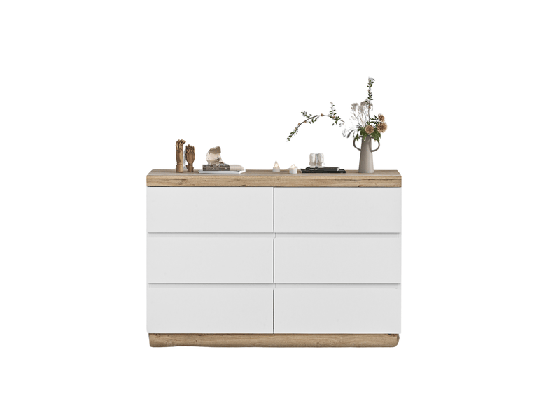  Commode 6 tiroirs 110x40x67,5 cm, style classique, panneau de particules, blanc et chêne, grande capacité de rangement  - Conforama A