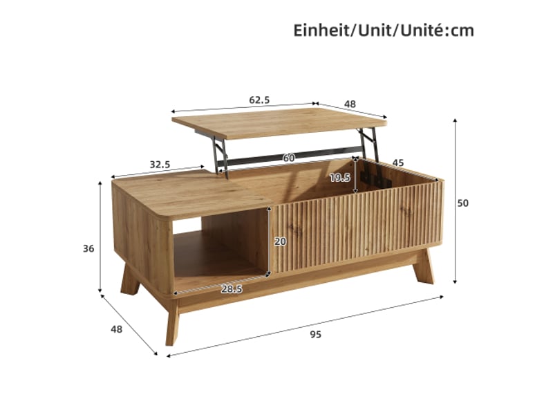 Table basse relevable mdf avec rangement latéral ouvert — effet ondulé, design moderne - Conforama C