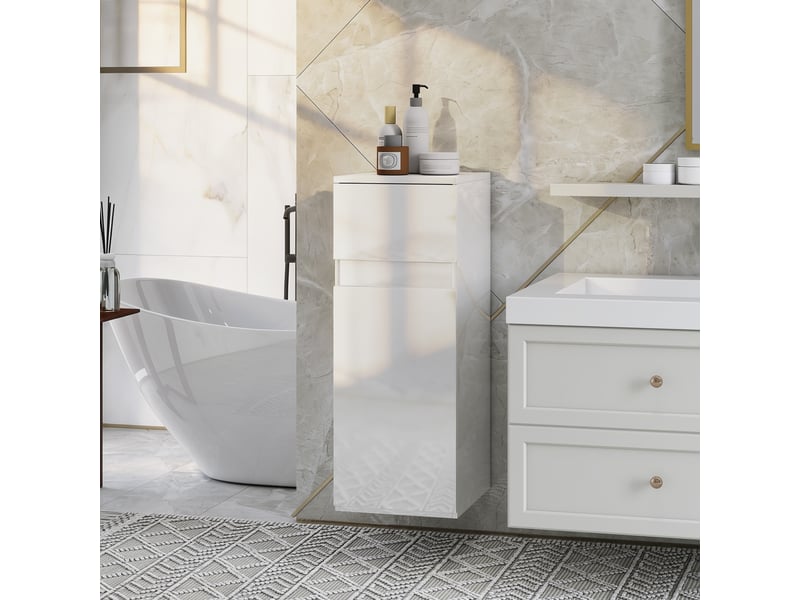  Meuble de salle de bain mural avec tiroir, porte laquée et étagère en verre réglable, blanc  - Conforama B